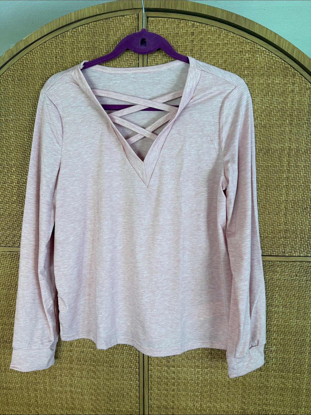 Crisscross V-Neck Long-Sleeve Top in Pale Pink